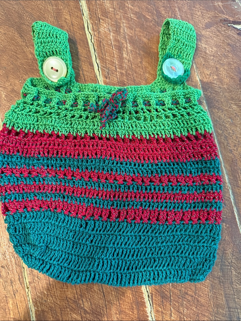 Walker Handmade Green & Teal Crochet Hanging Bag with Red Accents